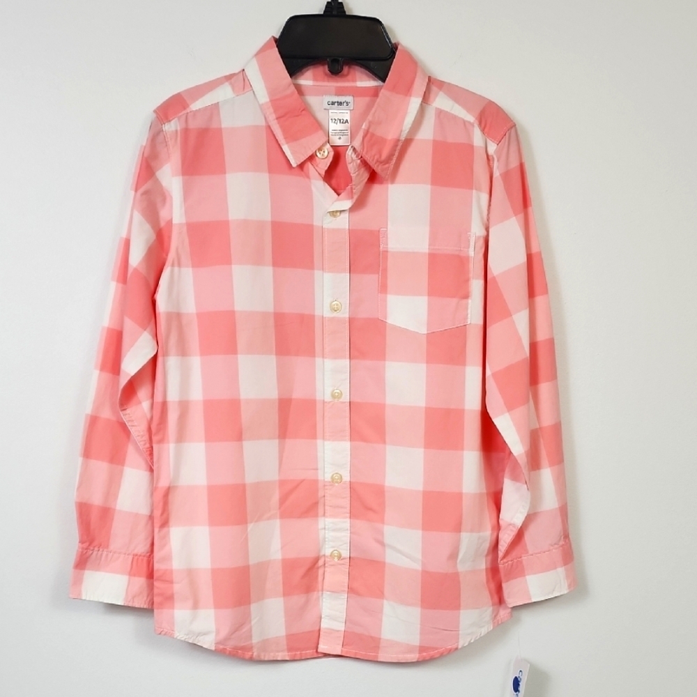 NWT Carter's Boy's Pink Checkered Kids Long Sleeve Button Front Shirt, sz 12-12A